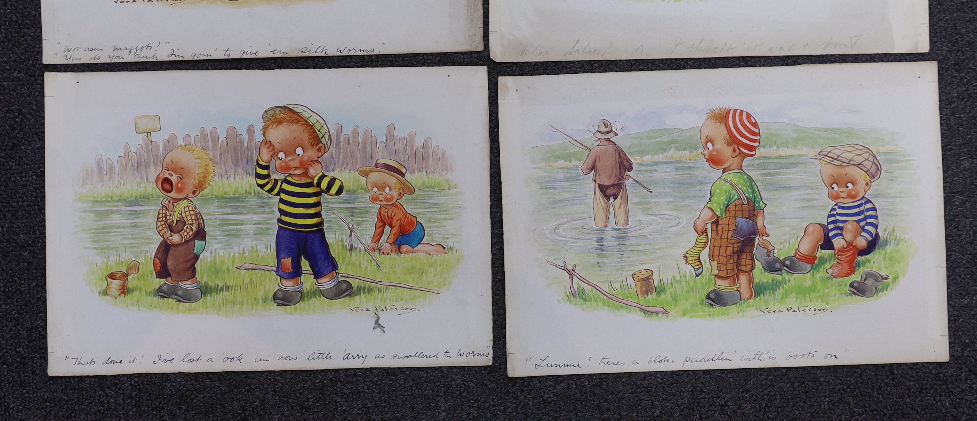 Vera Paterson (Reg Maurice), set of six 20th century watercolours on card, Humorous children, original postcard designs, signed and inscribed, 28 x 19cm, unframed